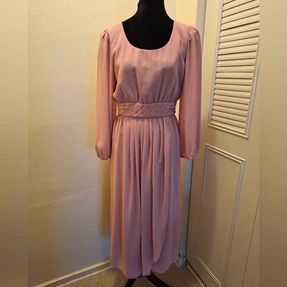 Miss Elliette Soft Pink Long Sleeve Pleated-Waist Midi Dress